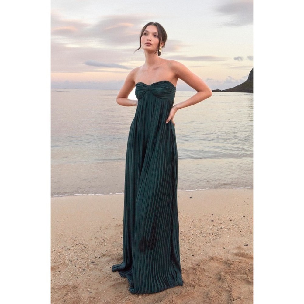 NWT!! Lulus Whimsical Beauty Emerald Green Satin Plisse Strapless